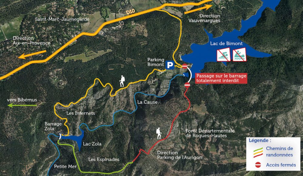 Carte d'accès aux sentiers pendant la fermeture du barrage de Bimont